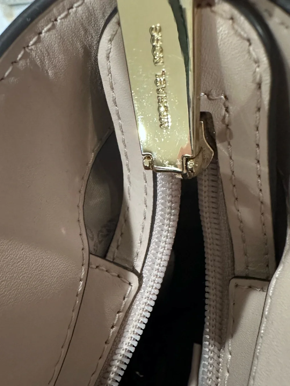 Michael Kors Light Beige Signature MK Pocket Tote with Pink Trim
